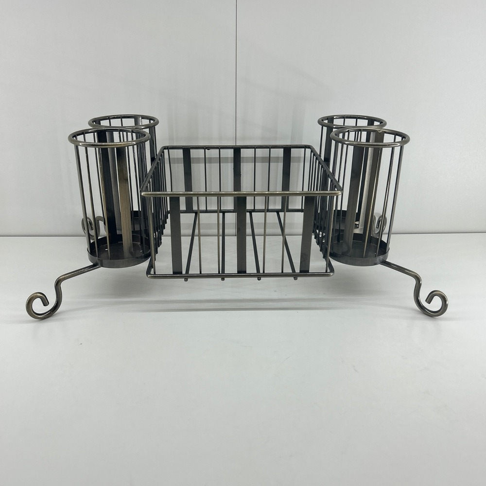 Metal Utensil Caddy Organizer Gray 4 Cup Holder Rack Kitchen Storage 16in